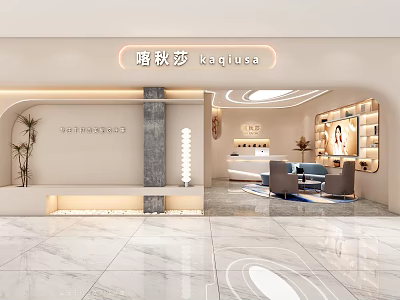 Modern Elegant Beauty Hair Salon Interior Design With Comfortable Reception Area Display Shelves And Plants 3d model