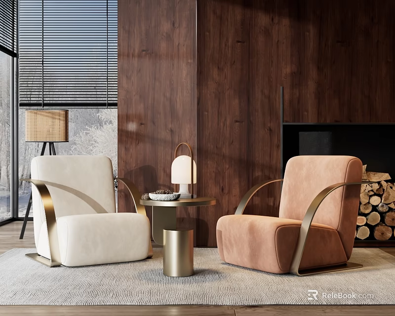 Casual Sofa Set With Cream Pink Armchairs Golden Metal Arms And Wooden Wall Fireplace 3d model 