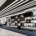 Modern Library Interior With Blue Bookshelves Curved Ceiling Light Strips And White Floor