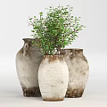 Vintage Textured Ceramic Vases With Green Plant Twigs And Fresh Leaves