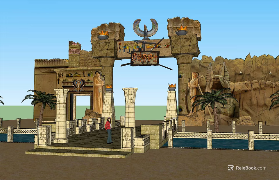 Egyptian style Entrance Gate With Stone Carvings Torches Palm Trees And Stone Pillars 3d model 