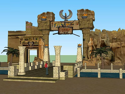 Egyptian style Entrance Gate With Stone Carvings Torches Palm Trees And Stone Pillars 3d model