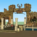 Egyptian style Entrance Gate With Stone Carvings Torches Palm Trees And Stone Pillars