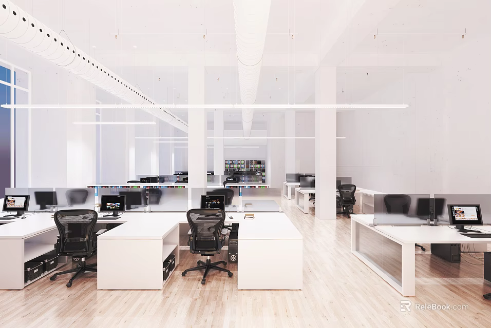 Bright Modern Public Office Space With Open Layout White Desks Black Chairs And Wooden Flooring 3d model 