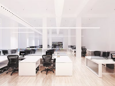 Bright Modern Public Office Space With Open Layout White Desks Black Chairs And Wooden Flooring 3d model