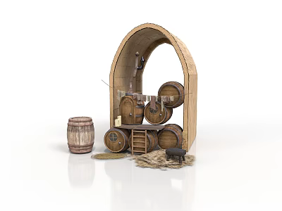 Rustic Wine Cellar Storage With Arched Structure Wooden Barrels Ladder And Straw Sacks 3d model