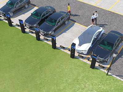 Parking Lot Scene with Multiple Cars Parked Near Charging Devices and People Walking 3d model
