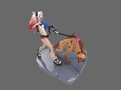 Game Movie Character With Pink White Hair Blue Jacket Leading Spotted Hyena Like Dog 3d model