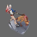 Game Movie Character With Pink White Hair Blue Jacket Leading Spotted Hyena Like Dog