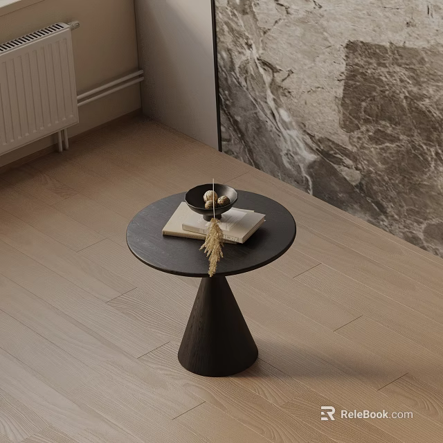 Black Modern Side Table With Conical Base Decorative Bowl And Books On Light Wood Floor 3d model 