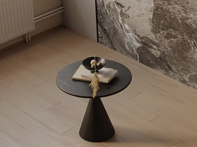 Black Modern Side Table With Conical Base Decorative Bowl And Books On Light Wood Floor 3d model
