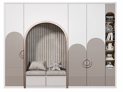 Modern Wardrobe with Arched Doorway Design Built in Seat Cushion and Side Book Shelves 3d model