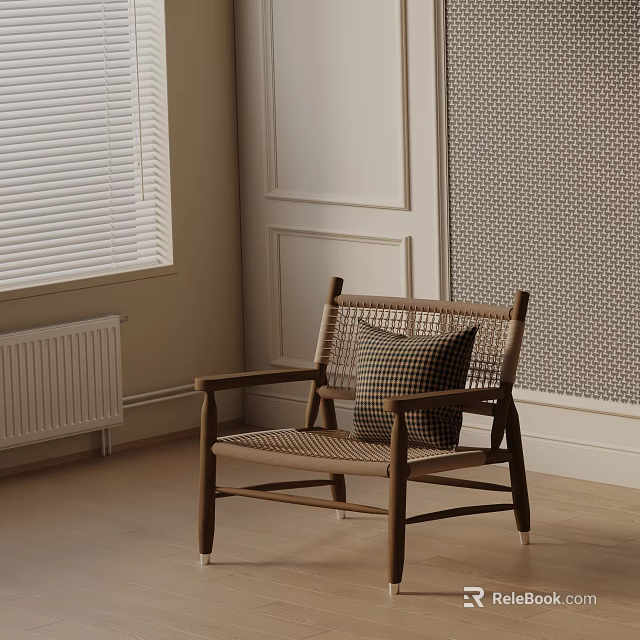 Scandinavian Style Accent Chair With Wooden Frame Wicker Seat And Plaid Pillow In Bright Room 3d model 