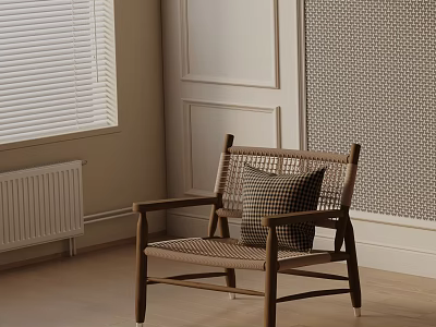 Scandinavian Style Accent Chair With Wooden Frame Wicker Seat And Plaid Pillow In Bright Room 3d model
