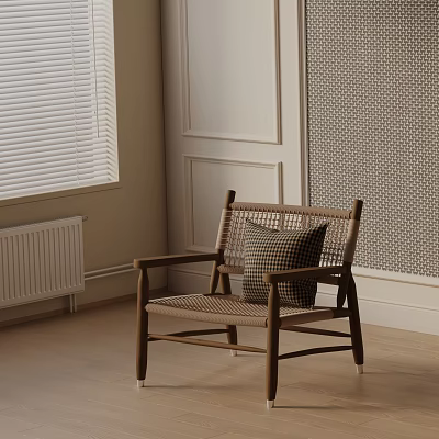 Scandinavian Style Accent Chair With Wooden Frame Wicker Seat And Plaid Pillow In Bright Room 3d model