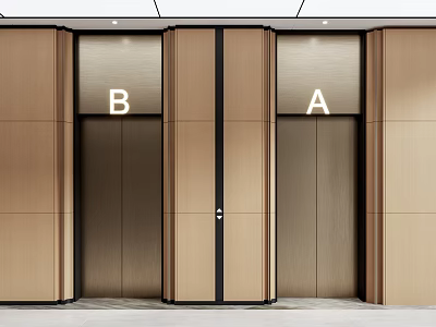 Modern Elevator Doors A and B in Building Interior with Wooden Panels 3d model
