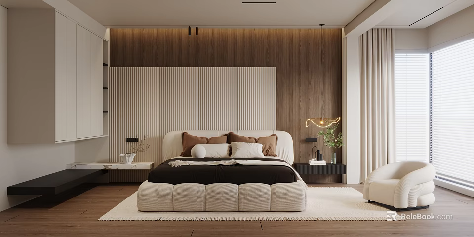 Modern Bedroom Interior Design With Wooden Accent Wall Upholstered Headboard And Area Rug 3d model 