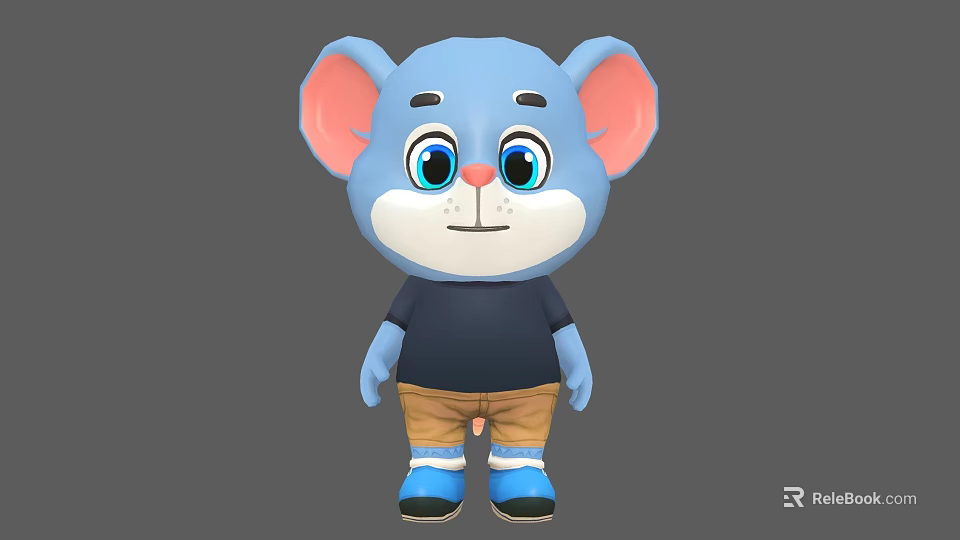 Cute Blue Cartoon Mouse Character With Big Ears Black Shirt Brown Shorts And Blue Shoes 3d model 