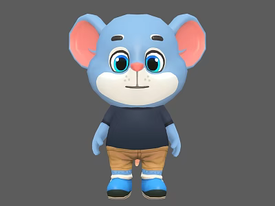 Cute Blue Cartoon Mouse Character With Big Ears Black Shirt Brown Shorts And Blue Shoes 3d model