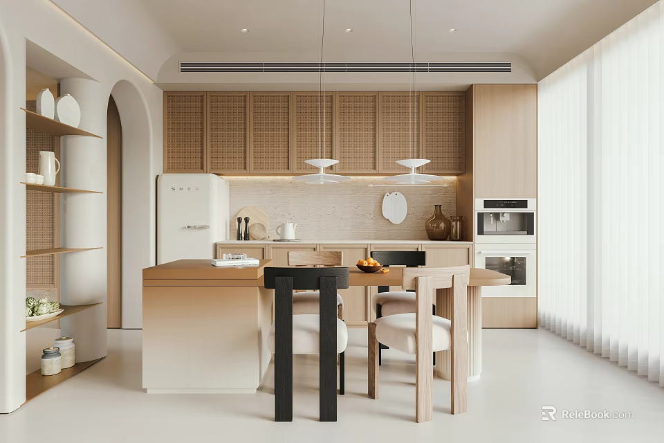 Modern Kitchen and Dining Room Interior Design With Wooden Cabinets Island Counter And Pendant Lights 3d model 