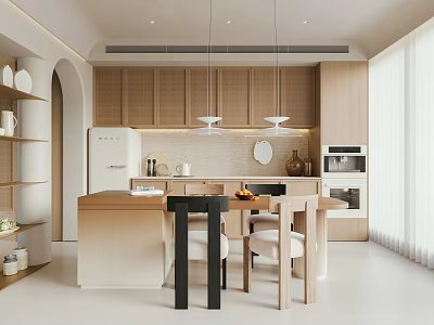 Modern Kitchen and Dining Room Interior Design With Wooden Cabinets Island Counter And Pendant Lights 3d model