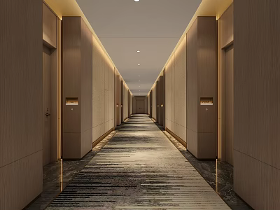 Modern Hotel Corridor Interior Design With Wooden Walls Luxury Carpet And Soft Lighting 3d model