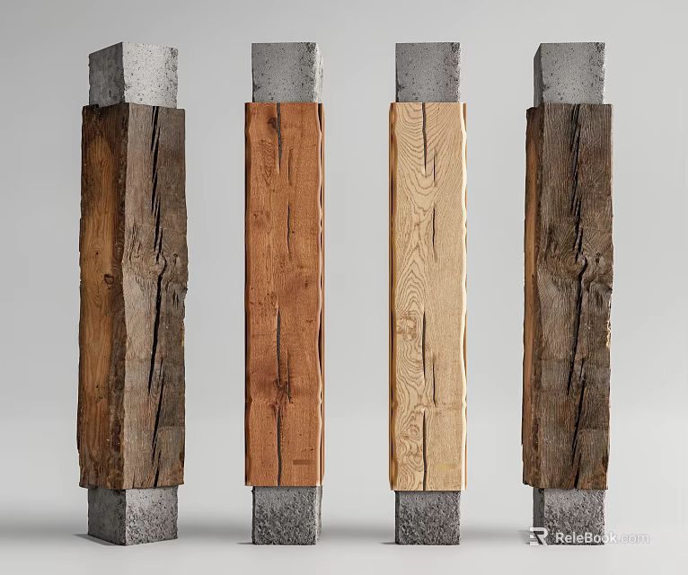 Wooden Columns With Concrete Bases And Natural Wood Grain In Varied Tones 3d model 