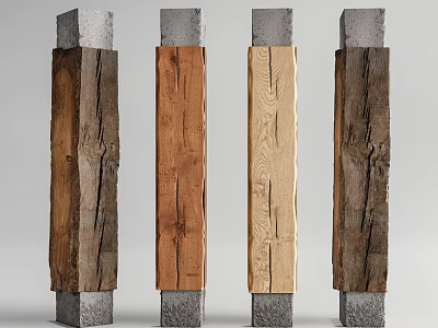 Wooden Columns With Concrete Bases And Natural Wood Grain In Varied Tones 3d model