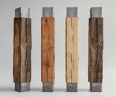 Wooden Columns With Concrete Bases And Natural Wood Grain In Varied Tones 3d model