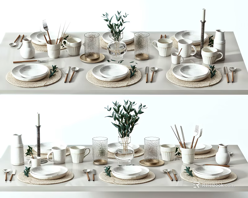 Elegant Modern Tableware Set with Plates Cups Cutlery Vase and Candles 3d model 