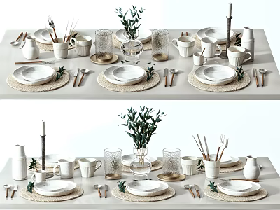 Elegant Modern Tableware Set with Plates Cups Cutlery Vase and Candles 3d model