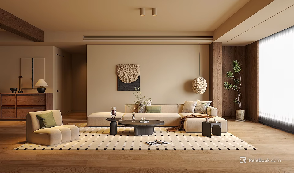 Warm Modern Living Room With Beige Sofa Patterned Rug Coffee Table And Green Plant 3d model 