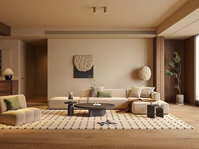 Warm Modern Living Room With Beige Sofa Patterned Rug Coffee Table And Green Plant 3d model