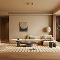 Warm Modern Living Room With Beige Sofa Patterned Rug Coffee Table And Green Plant