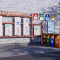 Outdoor Domestic Waste Sorting Collection Point With Trash Bins Information Posters And Bicycle