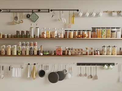 Spice Jars Arranged On Kitchen Shelves With Utensils 3d model