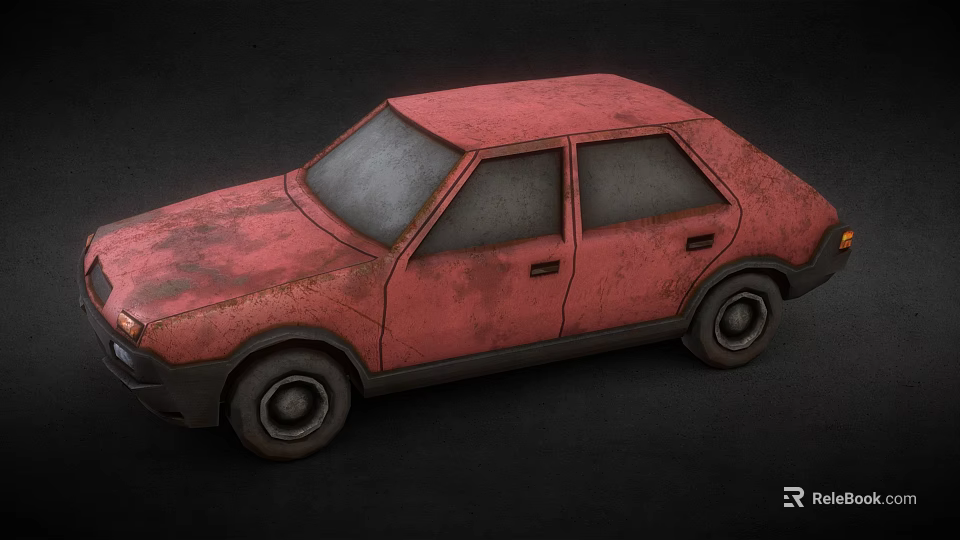 Red Rusty Vintage Compact Car With Rusted Body And Old Exterior 3d model 