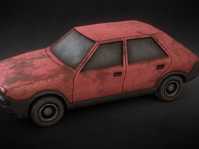 Red Rusty Vintage Compact Car With Rusted Body And Old Exterior 3d model