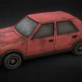 Red Rusty Vintage Compact Car With Rusted Body And Old Exterior