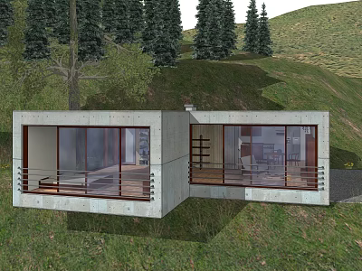 Modern Detached Villa on Hillside with Pine Trees Large Glass Windows and Balconies 3d model