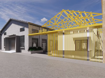 Industrial Workshop With Yellow Steel Frame Gray Walls Modern Design And Entrance 3d model