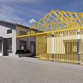 Industrial Workshop With Yellow Steel Frame Gray Walls Modern Design And Entrance