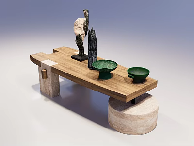 Coffee Table With Wooden Top Stone Base Green Bowls And White Black Sculptures 3d model
