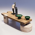 Coffee Table With Wooden Top Stone Base Green Bowls And White Black Sculptures