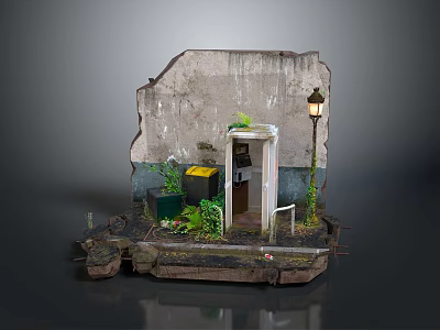Rustic Scenery With Weathered Wall Small Door Street Lamp And Green Plants 3d model