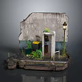 Rustic Scenery With Weathered Wall Small Door Street Lamp And Green Plants
