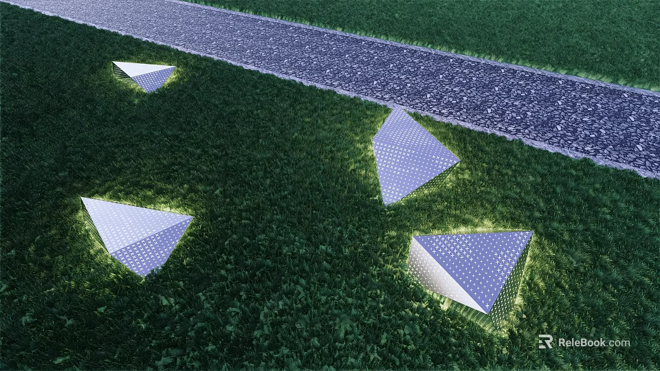 Illuminated Triangular Garden Ornaments In Green Grass With Gravel Path Landscape 3d model 