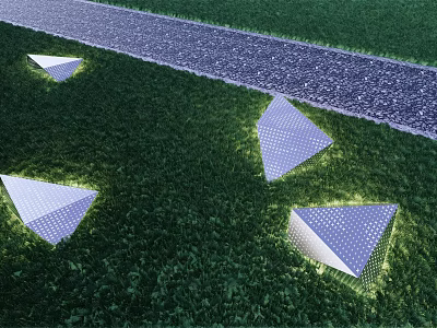 Illuminated Triangular Garden Ornaments In Green Grass With Gravel Path Landscape 3d model