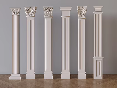 Six Different White Decorative Columns With Carved Details On Light Gray Wall Wooden Floor 3d model