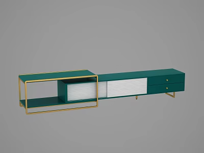 Teal TV Stand With Gold Frame Louvered Doors And Drawers For Living Room 3d model